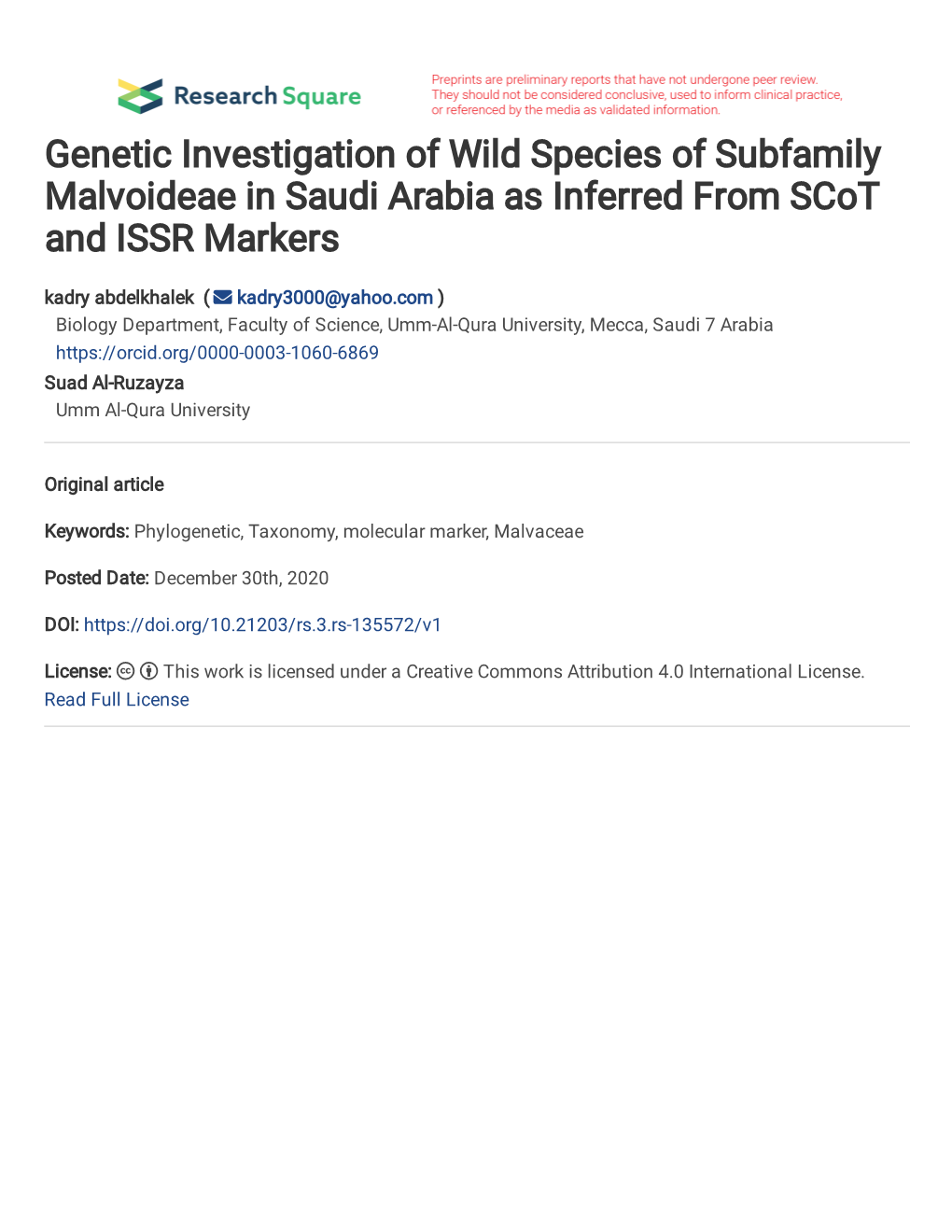 ١ Genetic Investigation of Wild Species of Subfamily Malvoideae in Saudi