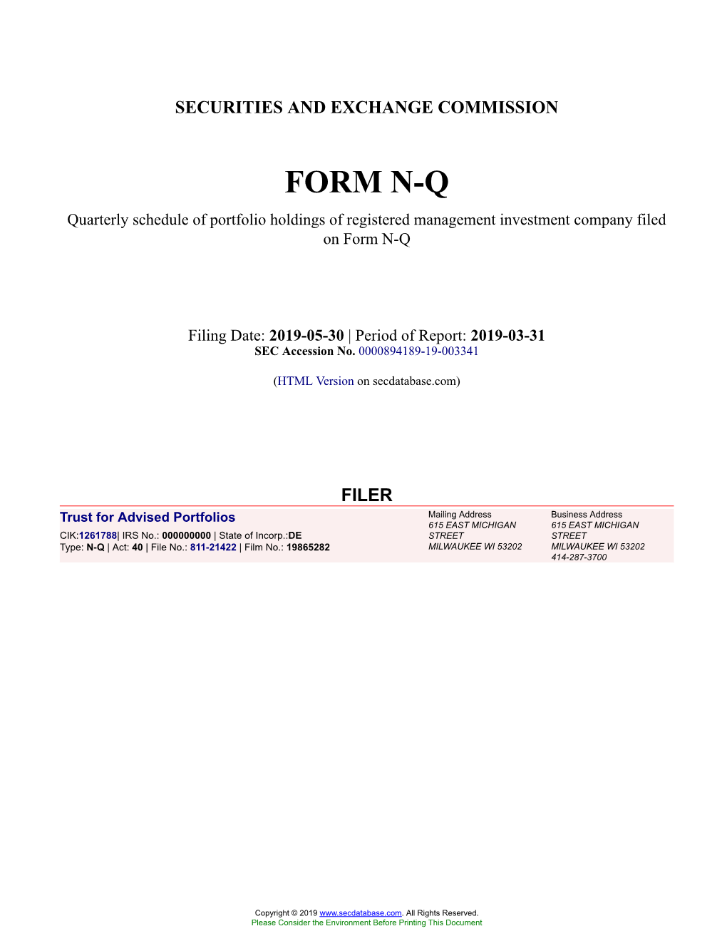 Trust for Advised Portfolios Form N-Q Filed 2019-05-30