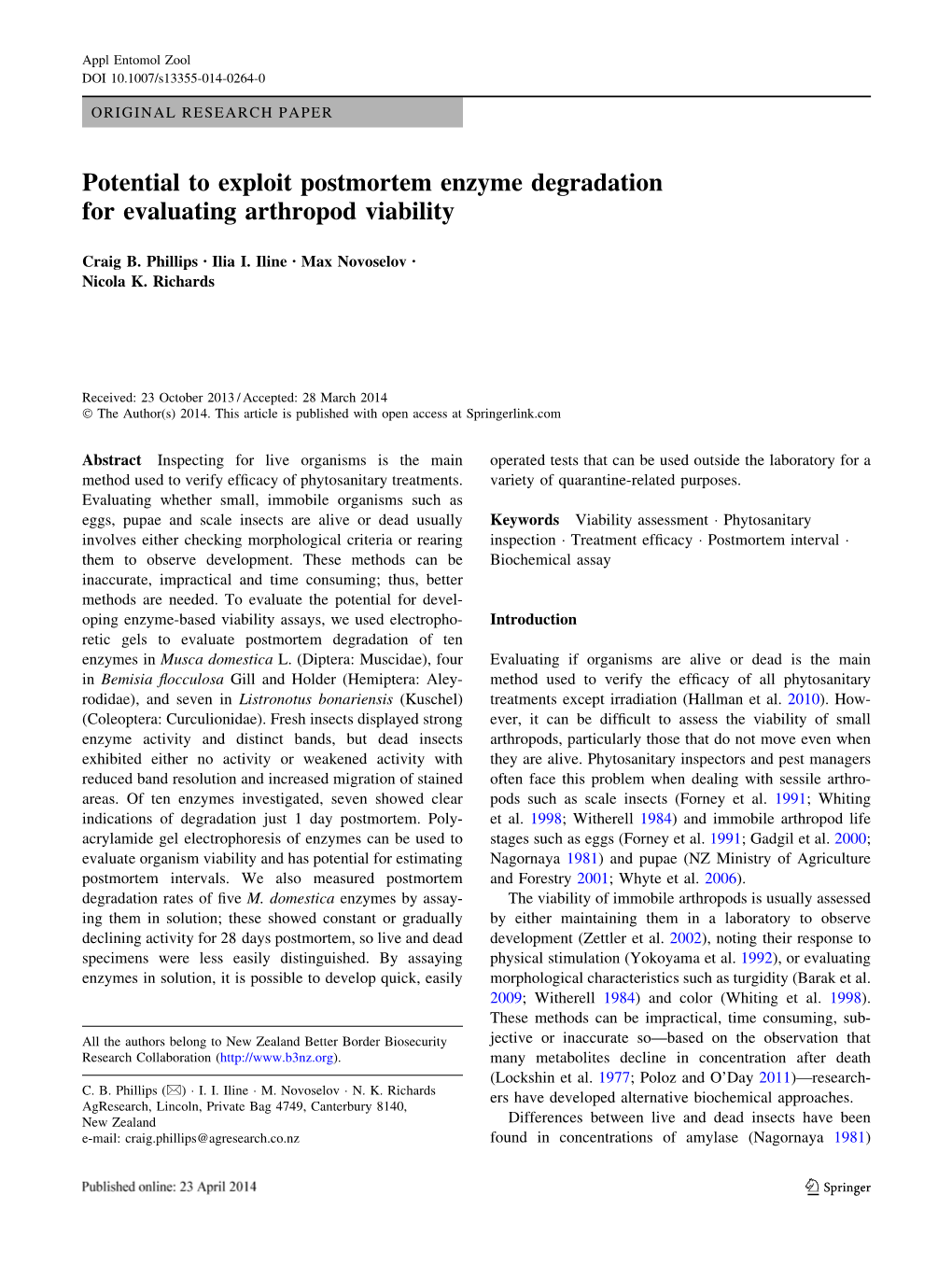 Potential to Exploit Postmortem Enzyme Degradation for Evaluating Arthropod Viability