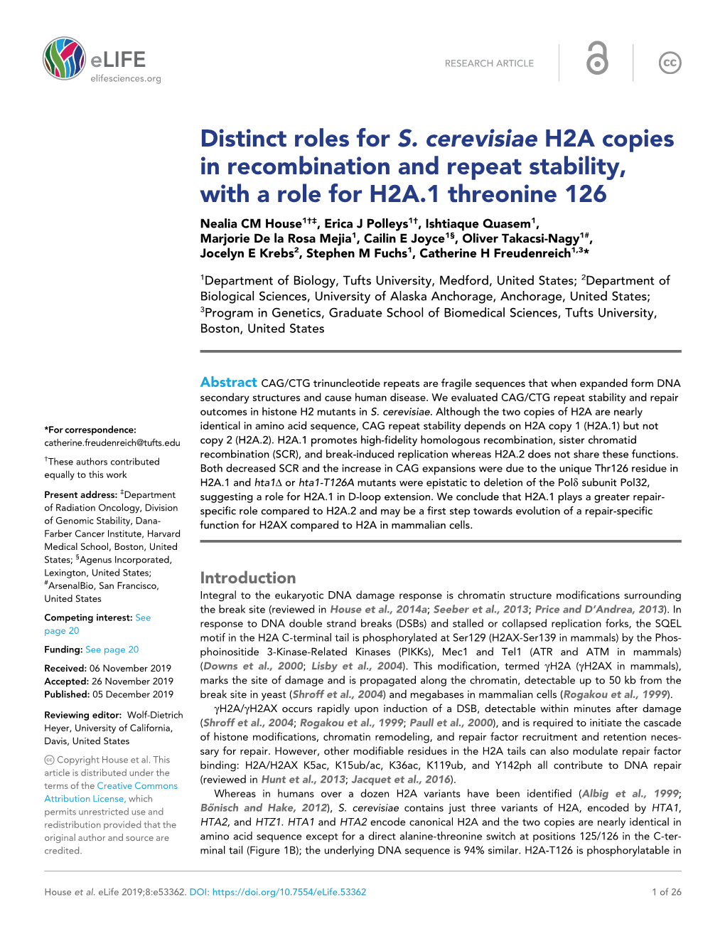 Distinct Roles for S. Cerevisiae H2A Copies in Recombination and Repeat