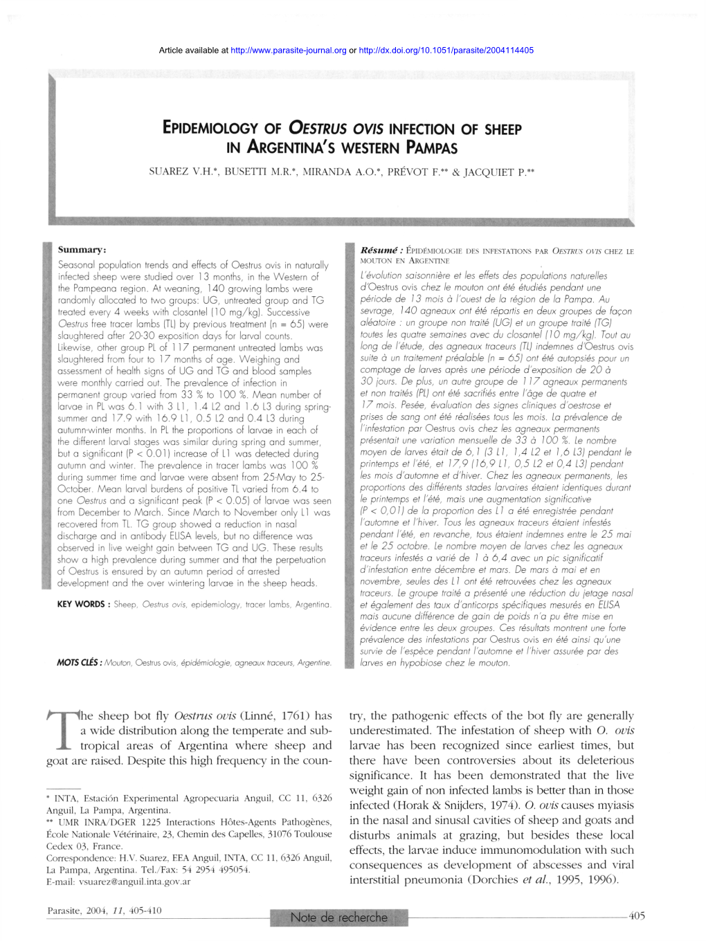 Epidemiology of Oestrus Ovis Infection of Sheep in Argentina