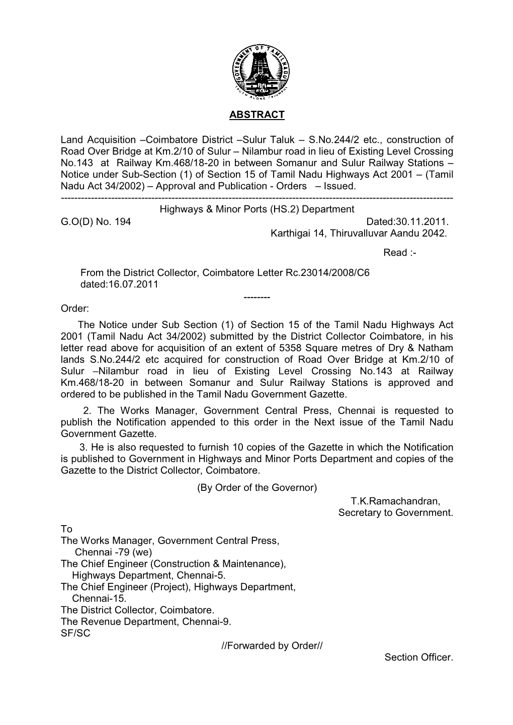 ABSTRACT Land Acquisition –Coimbatore District –Sulur Taluk