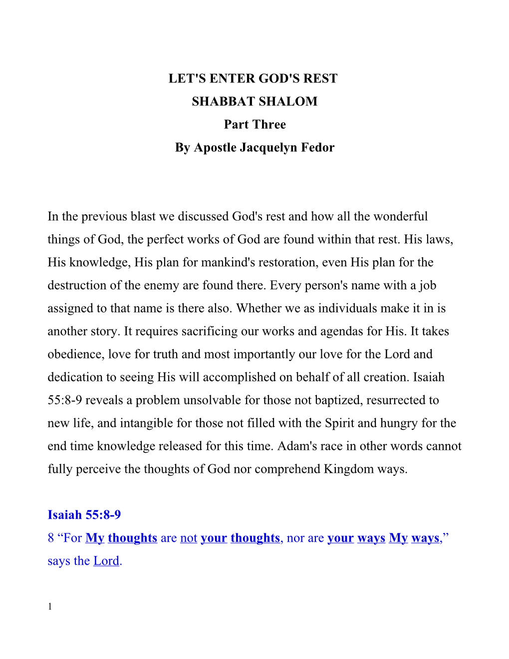 LET's ENTER GOD's REST SHABBAT SHALOM Part Three by Apostle Jacquelyn Fedor