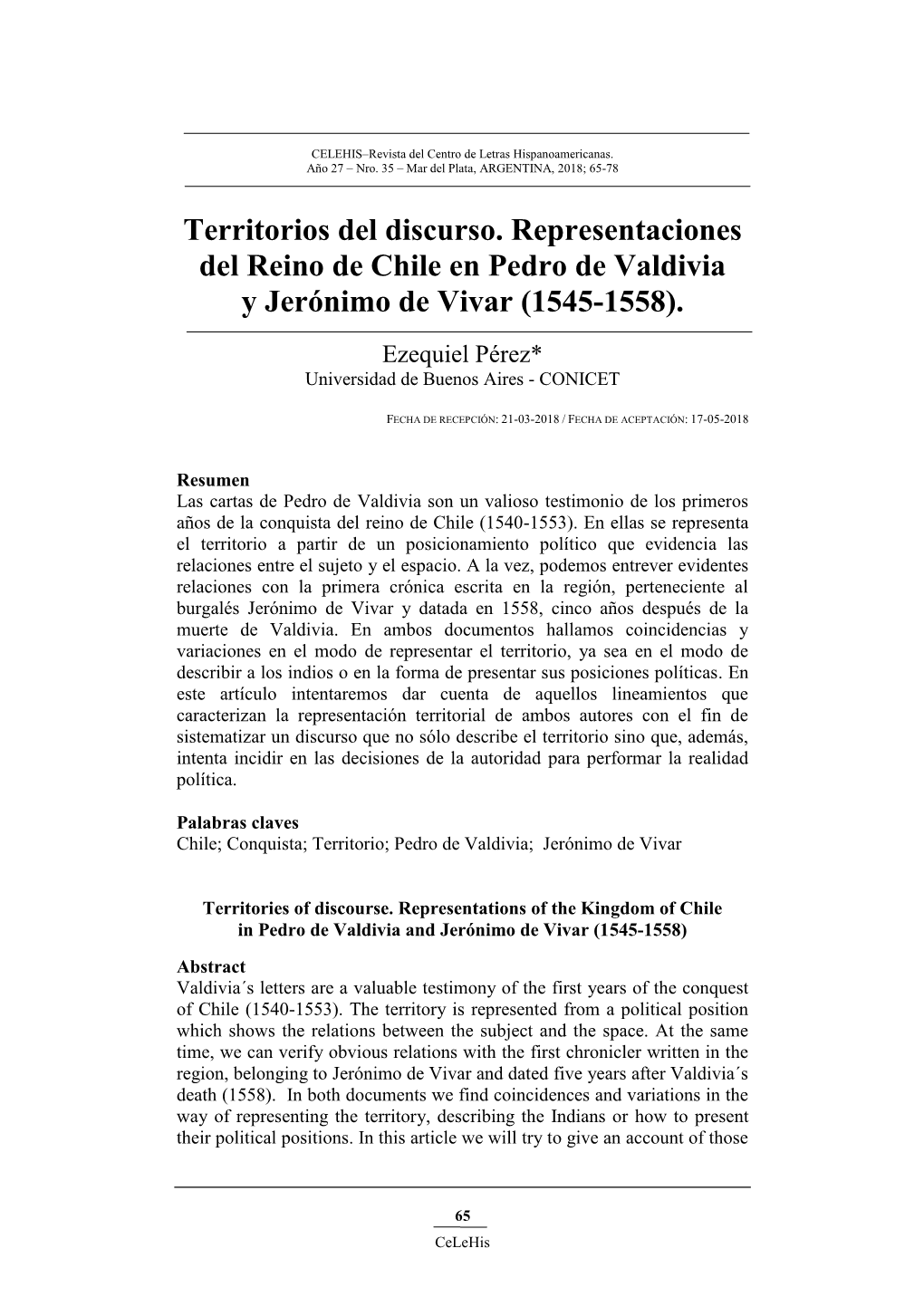 Territorios Del Discurso. Representaciones Del Reino De Chile En Pedro De Valdivia Y Jerónimo De Vivar (1545-1558)