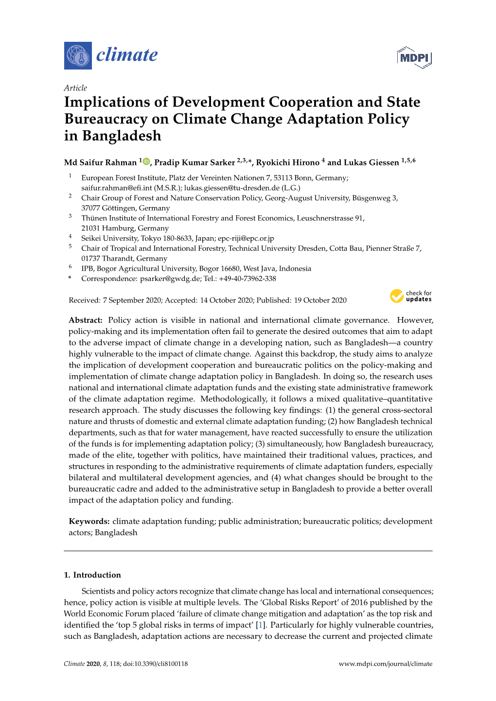 Implications of Development Cooperation and State Bureaucracy on Climate Change Adaptation Policy in Bangladesh