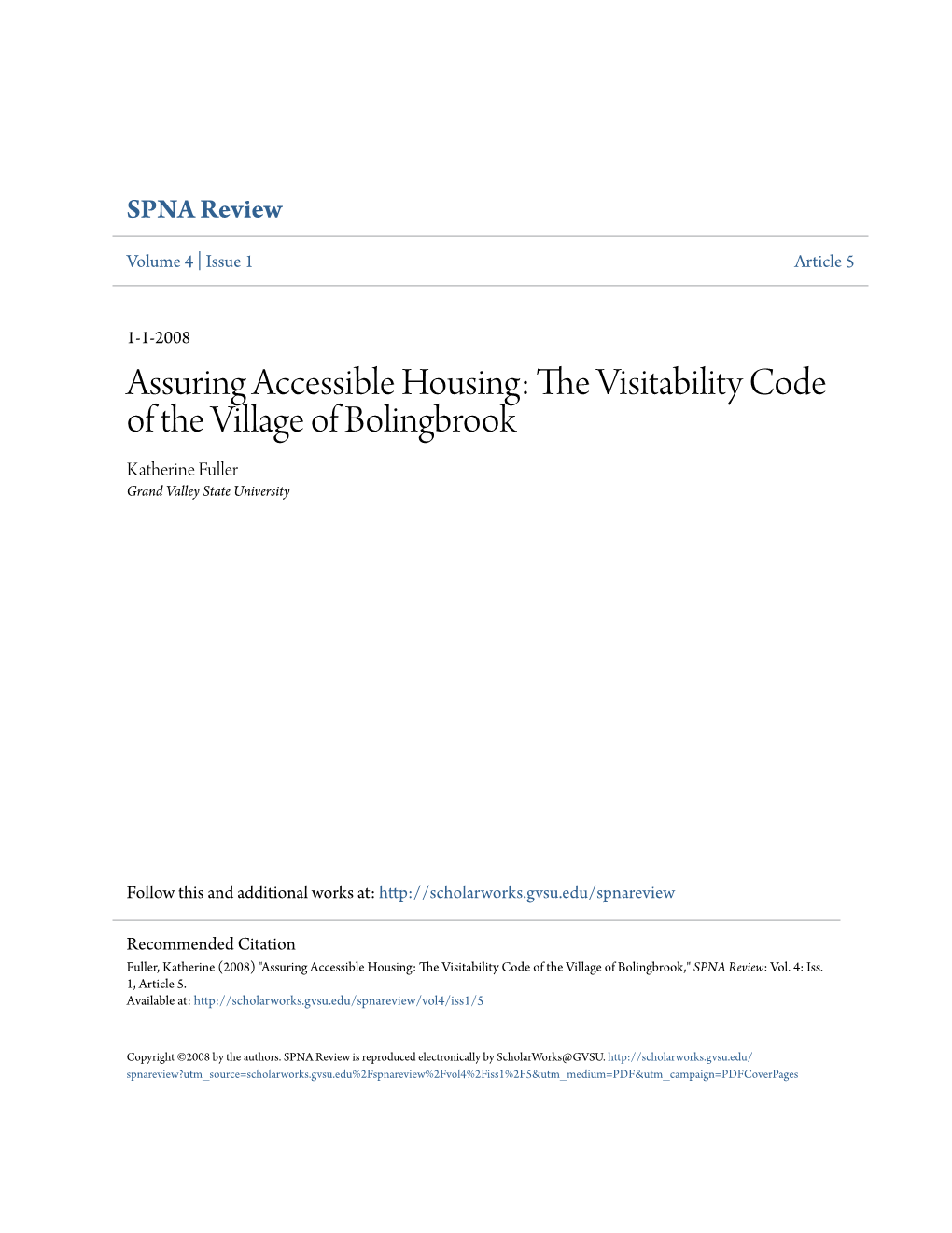 Assuring Accessible Housing: the Visitability Code of the Village of Bolingbrook
