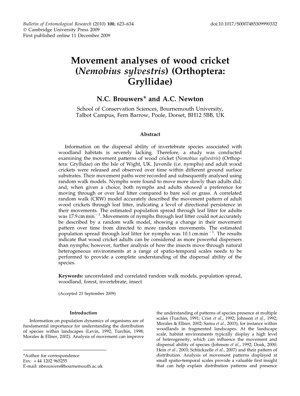 Movement Analyses of Wood Cricket ( Nemobius Sylvestris) (Orthoptera