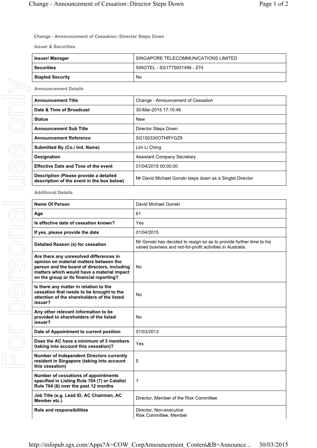 For Personal Use Only Use Personal for Number of Cessations of Appointments Specified in Listing Rule 704 (7) Or Catalist 1 Rule 704 (6) Over the Past 12 Months