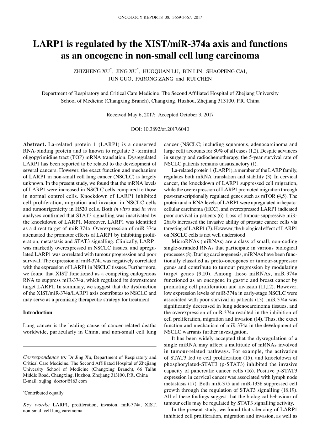 LARP1 Is Regulated by the XIST/Mir-374A Axis and Functions As an Oncogene in Non-Small Cell Lung Carcinoma