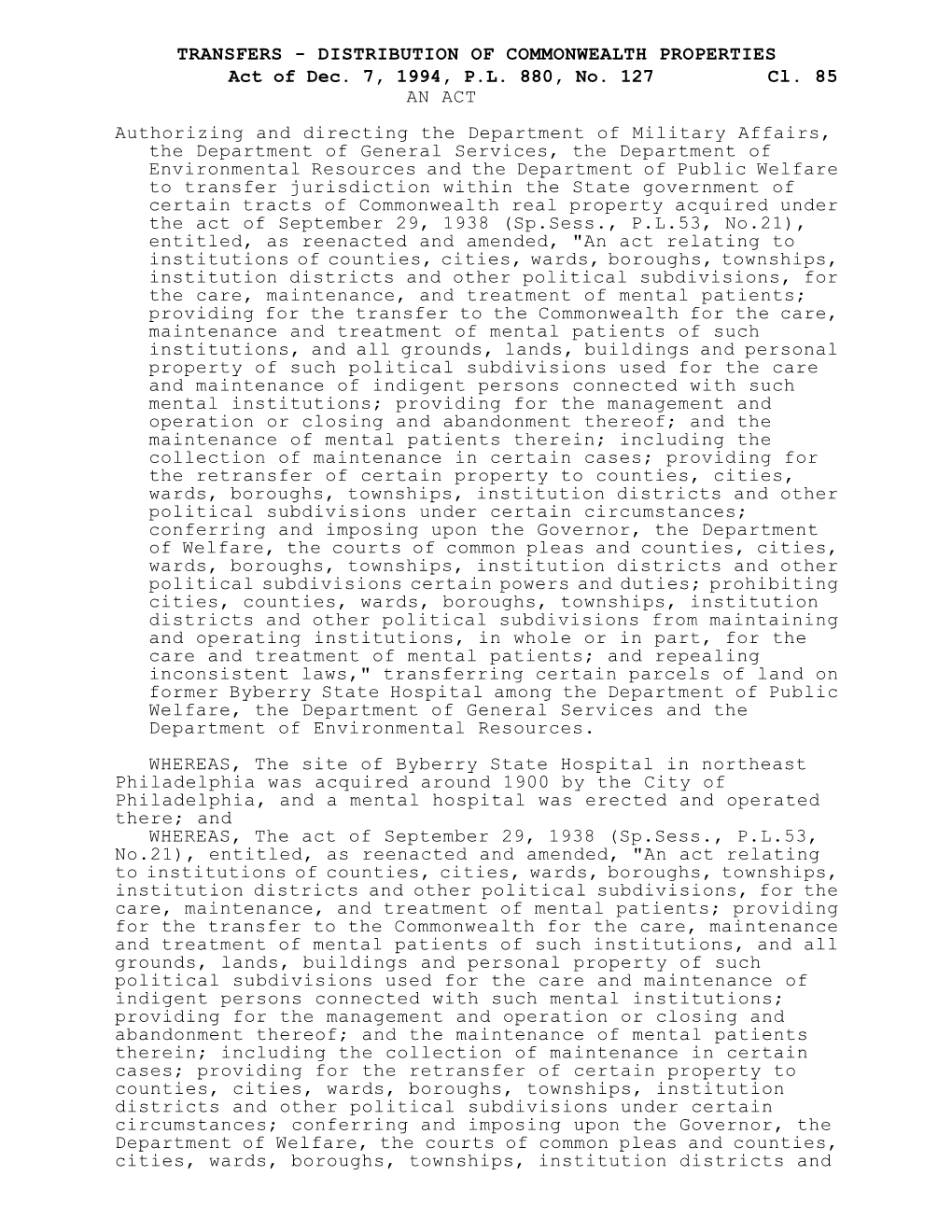 TRANSFERS - DISTRIBUTION of COMMONWEALTH PROPERTIES Act of Dec