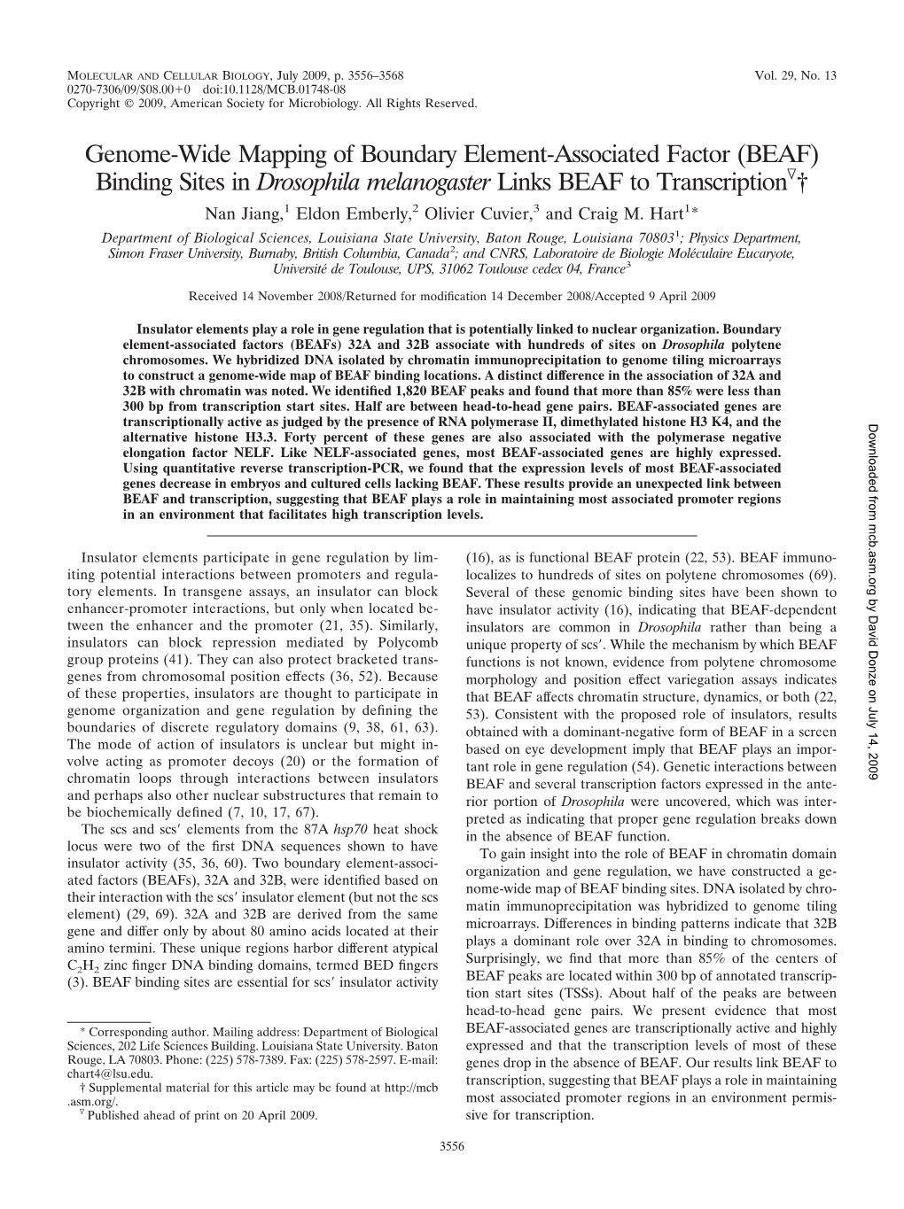 Genome-Wide Mapping of Boundary Element-Associated Factor (BEAF) Binding Sites in Drosophila Melanogaster Links BEAF to Transcri