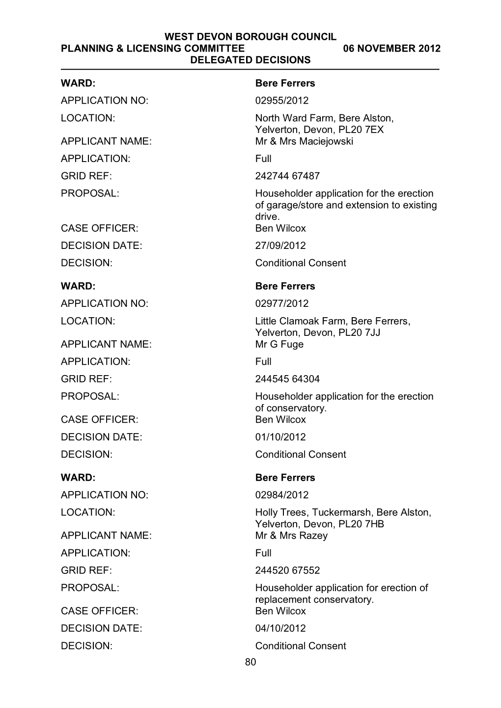 WEST DEVON BOROUGH COUNCIL PLANNING & LICENSING COMMITTEE 06 NOVEMBER 2012 DELEGATED DECISIONS 80 WARD: Bere Ferrers APPLICA