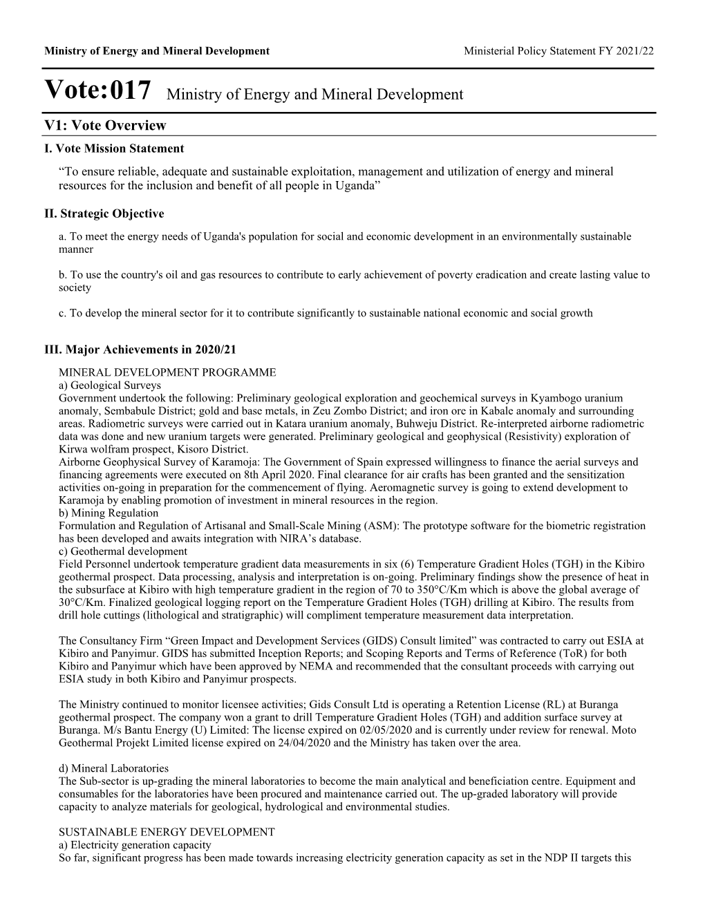 Vote:017 Ministry of Energy and Mineral Development V1: Vote Overview I