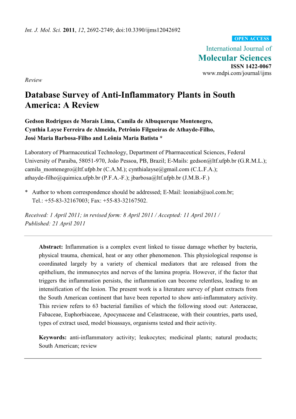 Database Survey of Anti-Inflammatory Plants in South America: a Review