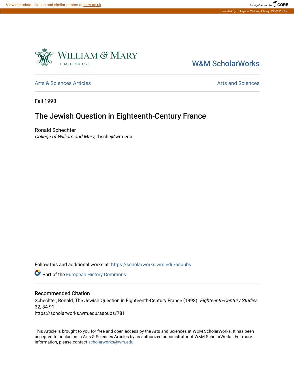 The Jewish Question in Eighteenth-Century France