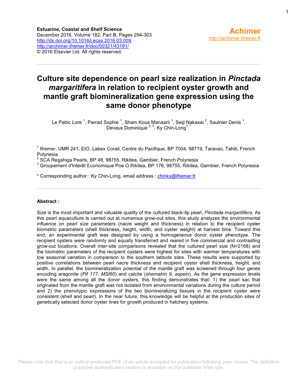 Culture Site Dependence on Pearl Size Realization in Pinctada