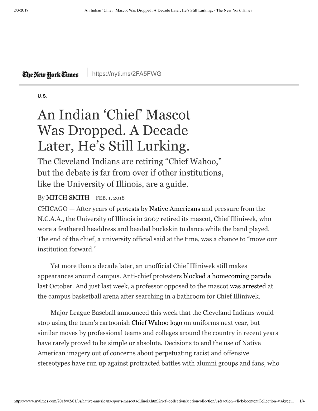 An Indian 'Chief' Mascot Was Dropped. a Decade Later, He's Still Lurking