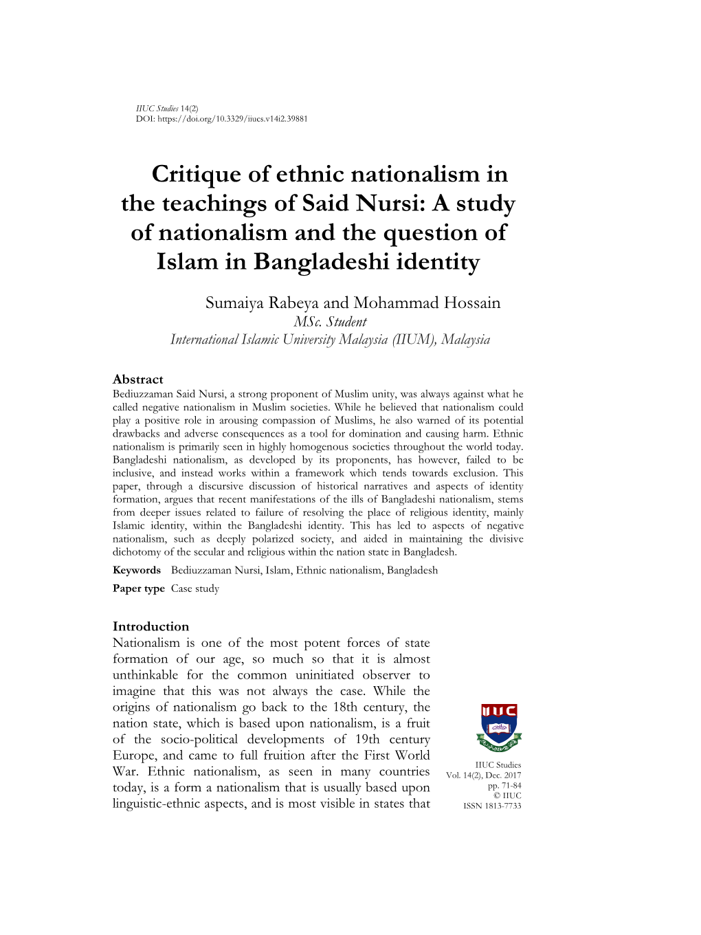 Critique of Ethnic Nationalism in the Teachings of Said Nursi: a Study of Nationalism and the Question of Islam in Bangladeshi Identity