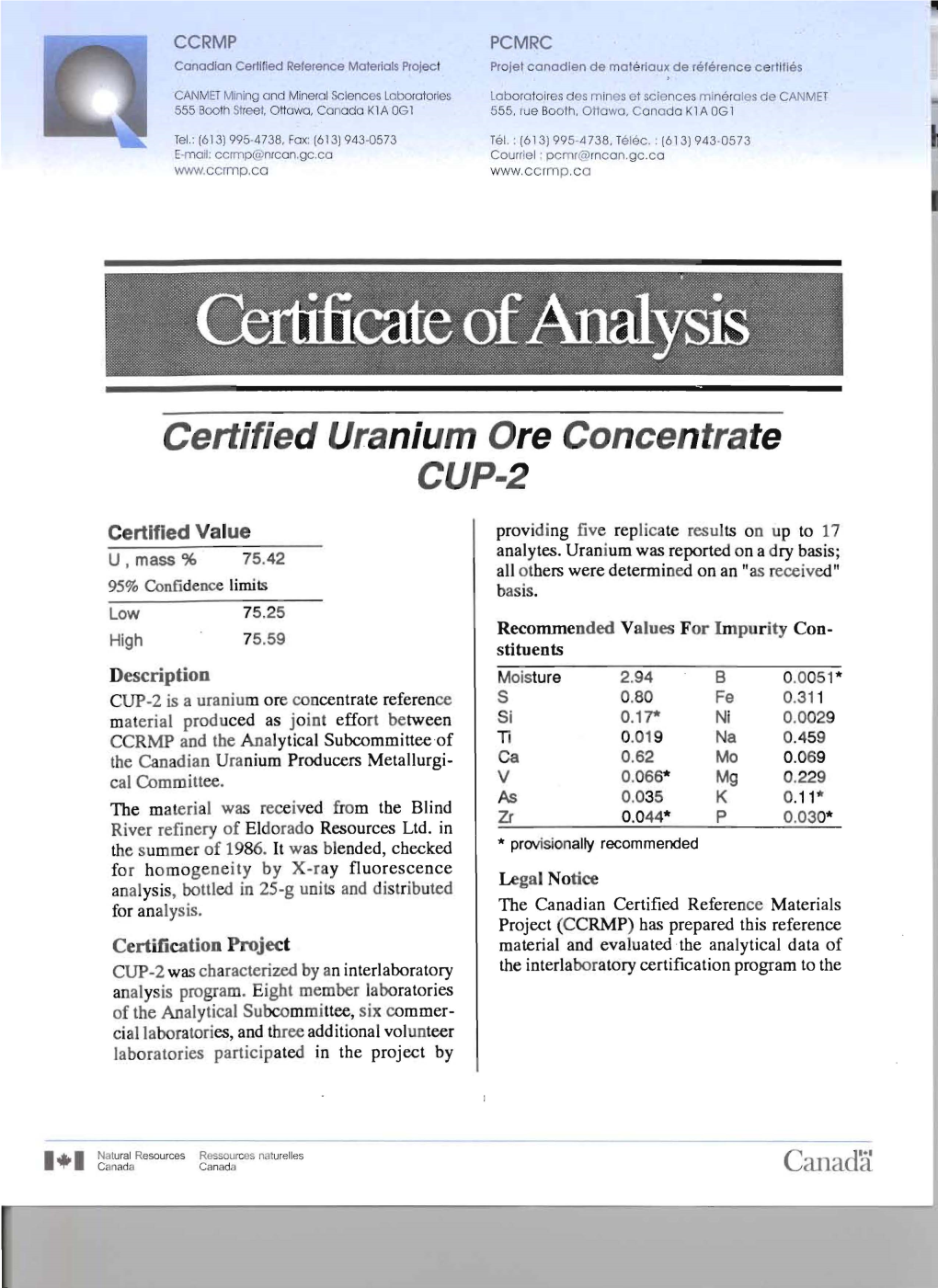 Certified Uranium Ore Concentrate CUP-2