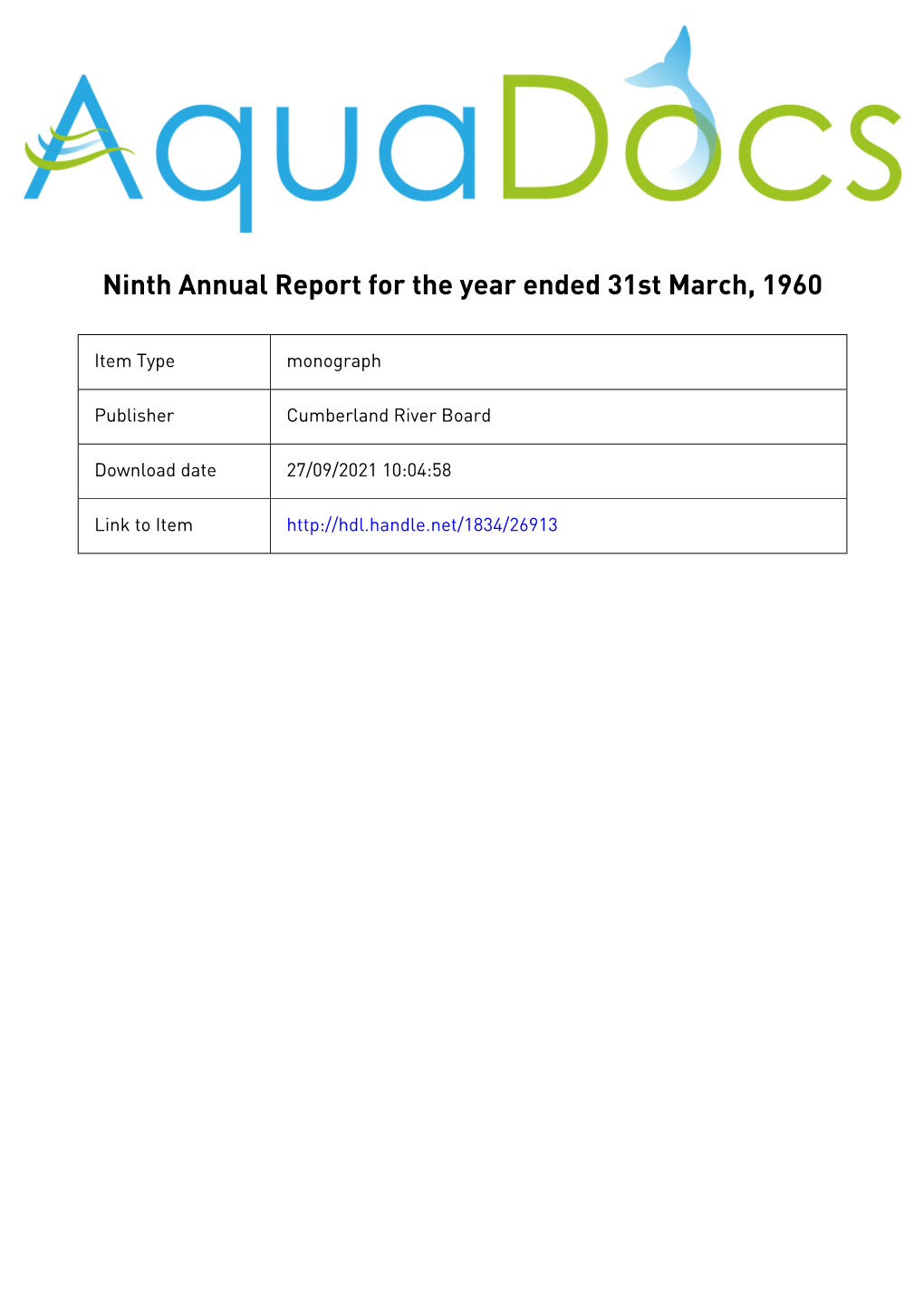 Annual Report for the Year Ended 31St March, 1960