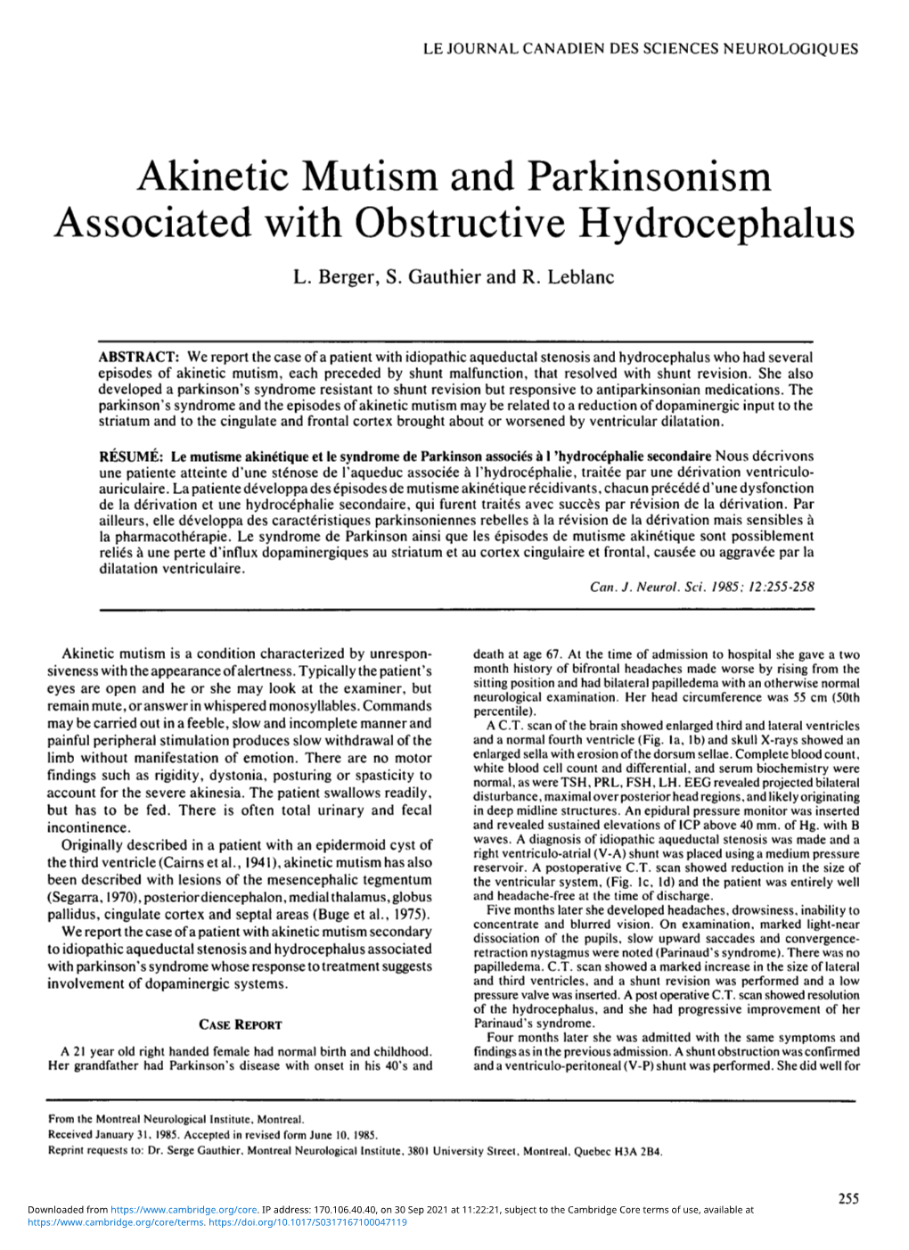 Akinetic Mutism and Parkinsonism Associated with Obstructive Hydrocephalus L