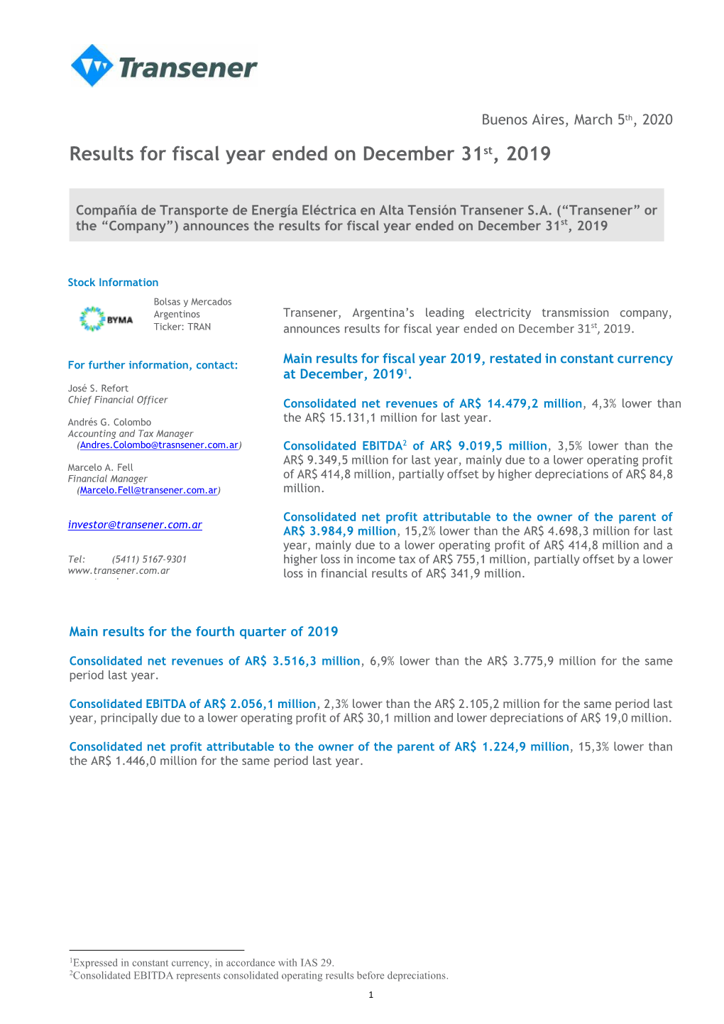 Results for Fiscal Year Ended on December 31St, 2019