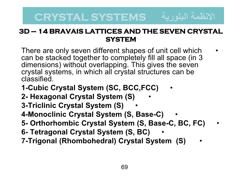 Orthorhombic Crystal System (S, Base-C, BC, FC) • 6- Tetragonal Crystal System (S, BC) • 7-Trigonal (Rhombohedral) Crystal System (S) •