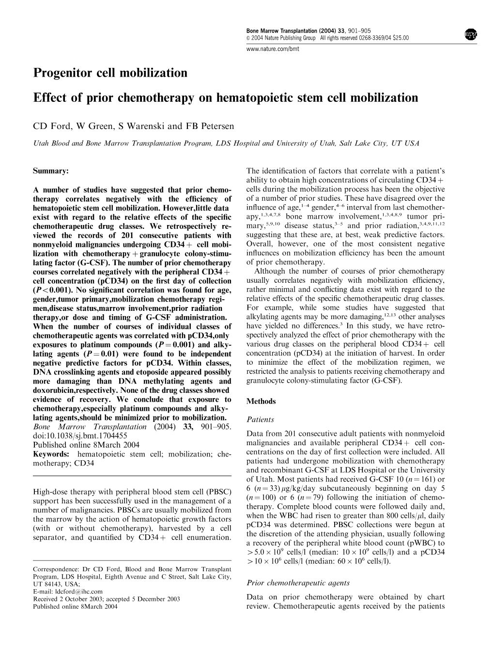 Progenitor Cell Mobilization Effect of Prior Chemotherapy on Hematopoietic Stem Cell Mobilization