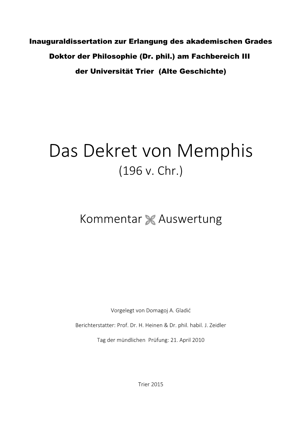 Das Dekret Von Memphis (196 V