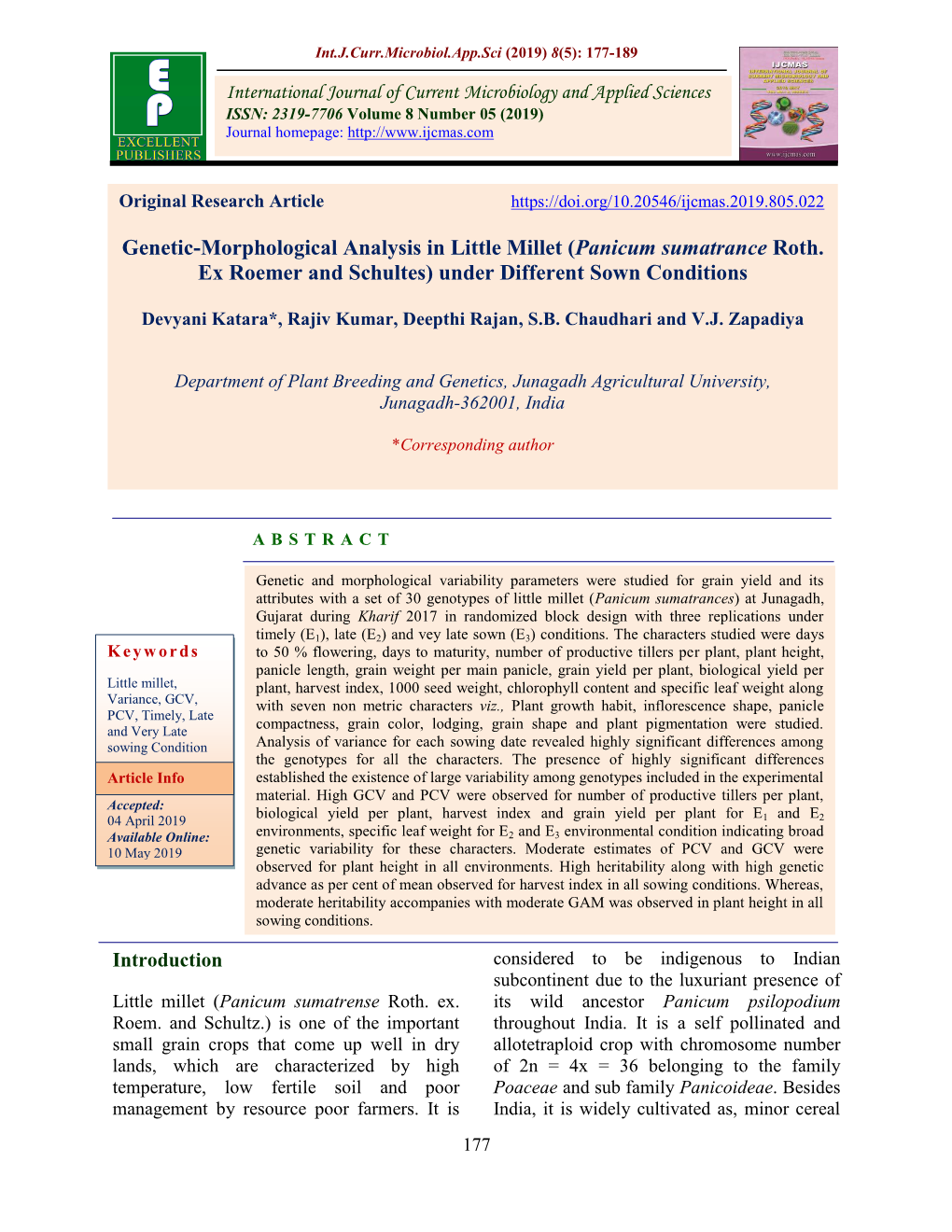 Genetic-Morphological Analysis in Little Millet (Panicum Sumatrance Roth