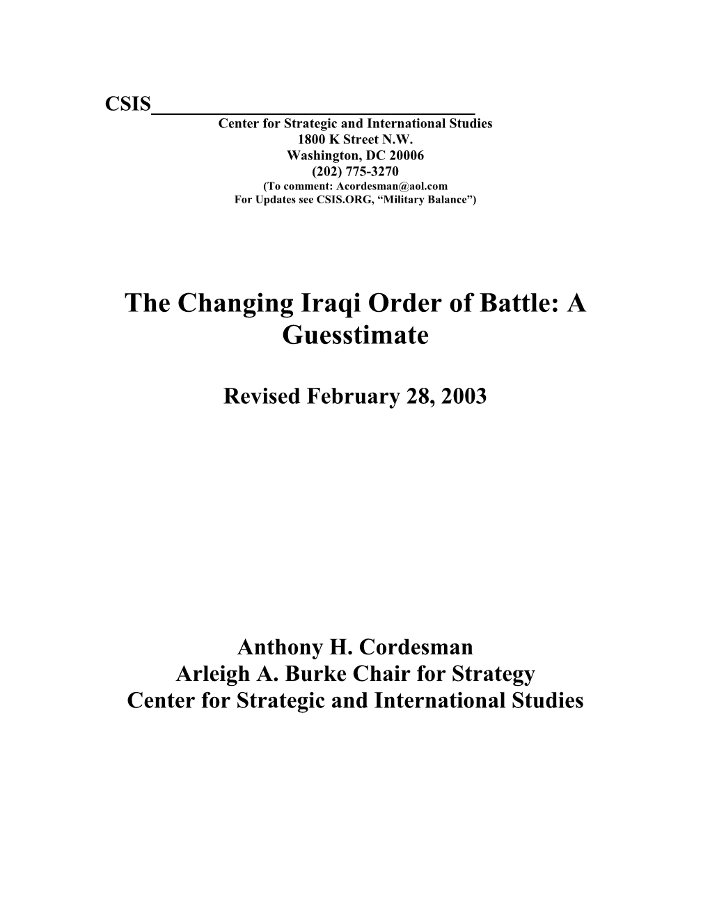 The Changing Iraqi Order of Battle: a Guesstimate