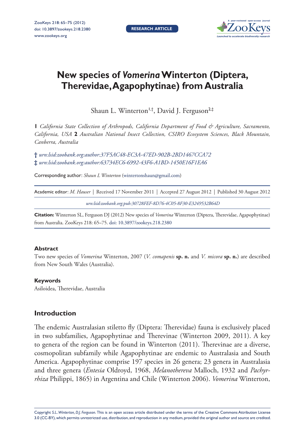 Diptera, Therevidae, Agapophytinae) from Australia 65 Doi: 10.3897/Zookeys.218.2380 Research Article Launched to Accelerate Biodiversity Research