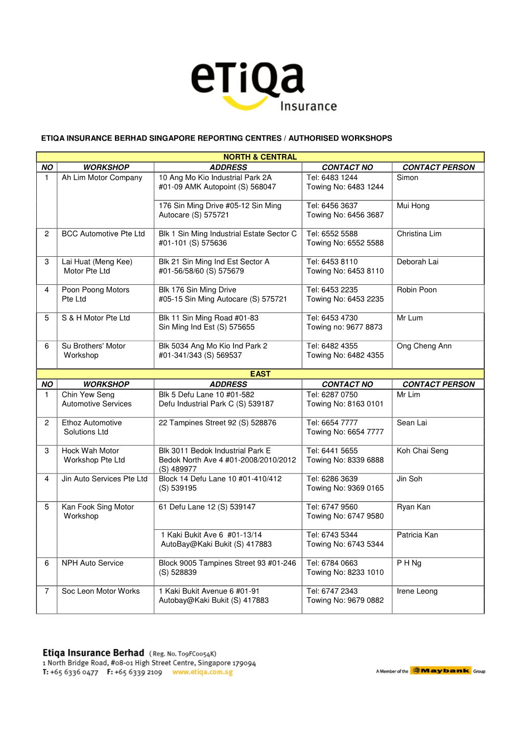 Etiqa Insurance Berhad Singapore Reporting Centres / Authorised Workshops