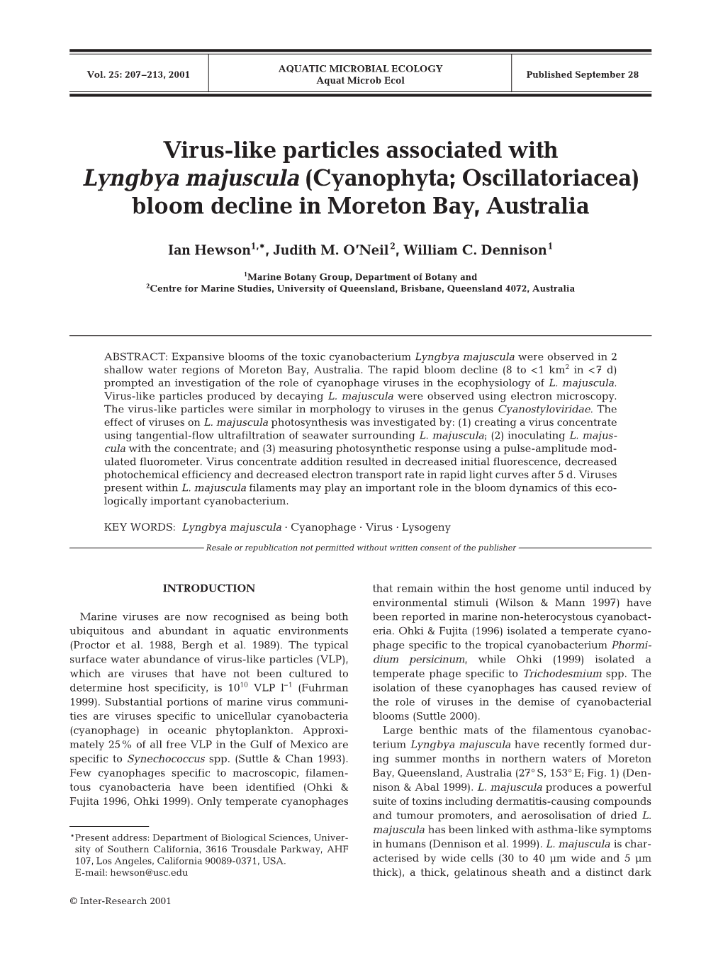 Virus-Like Particles Associated with Lyngbya Majuscula (Cyanophyta; Oscillatoriacea) Bloom Decline in Moreton Bay, Australia