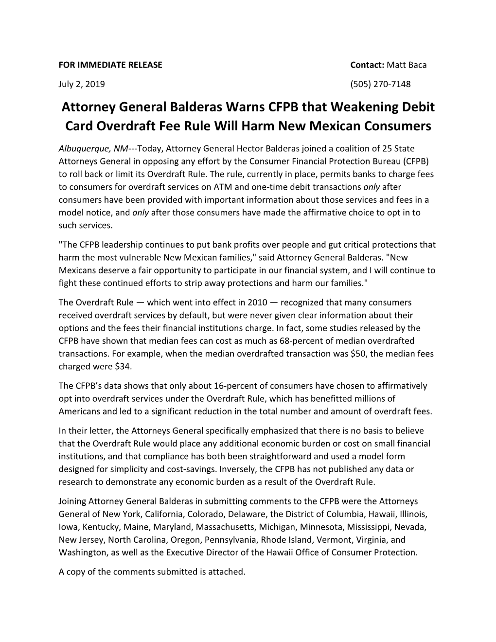 Attorney General Balderas Warns CFPB That Weakening Debit Card Overdraft Fee Rule Will Harm New Mexican Consumers