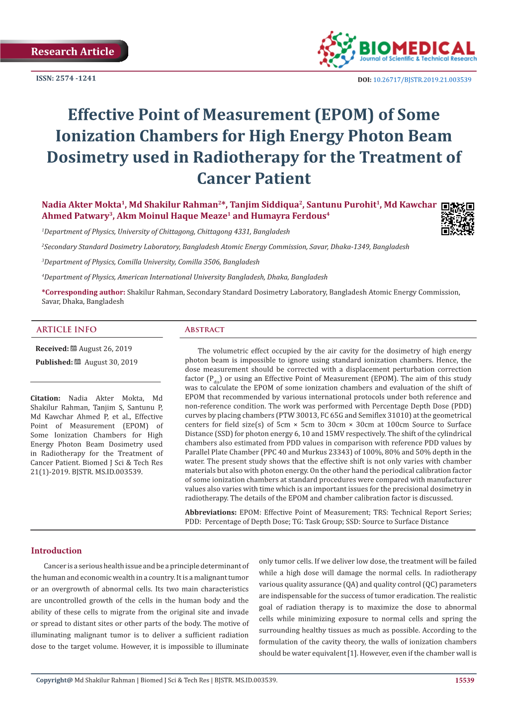 Effective Point of Measurement (EPOM) of Some Ionization Chambers for High Energy Photon Beam Dosimetry Used in Radiotherapy for the Treatment of Cancer Patient