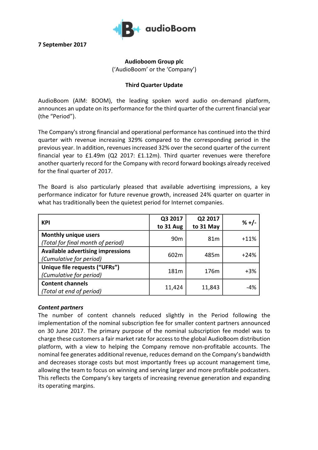 Third Quarter Update Audioboom