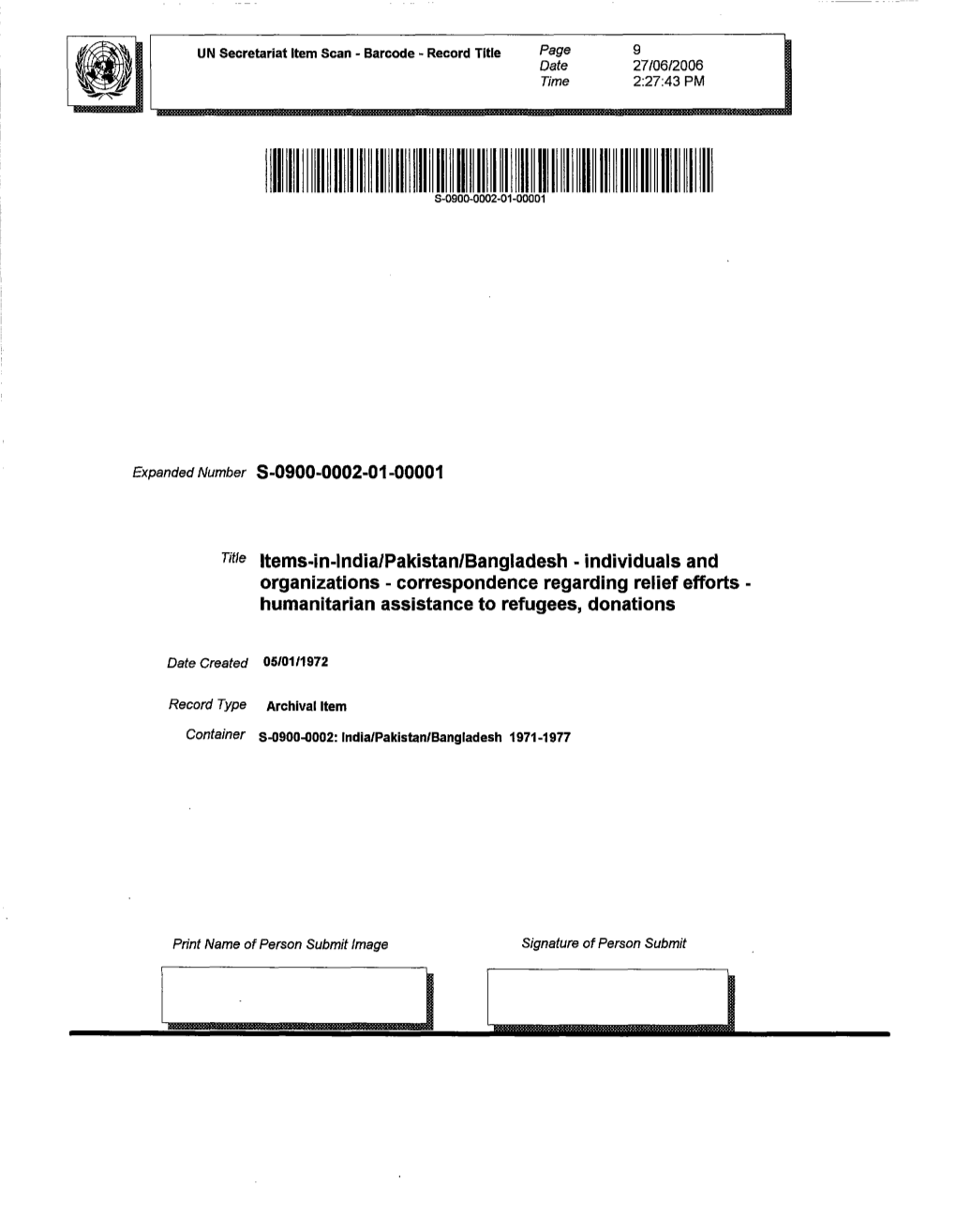 Title Items-In-Lndia/Pakistan/Bangladesh - Individuals and Organizations - Correspondence Regarding Relief Efforts Humanitarian Assistance to Refugees, Donations