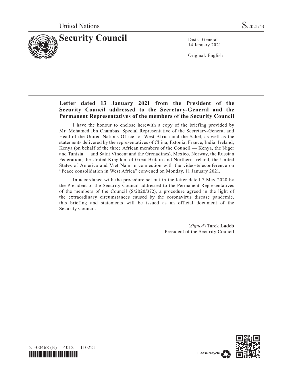 Letter Dated 13 January 2021 from the President of the Security Council