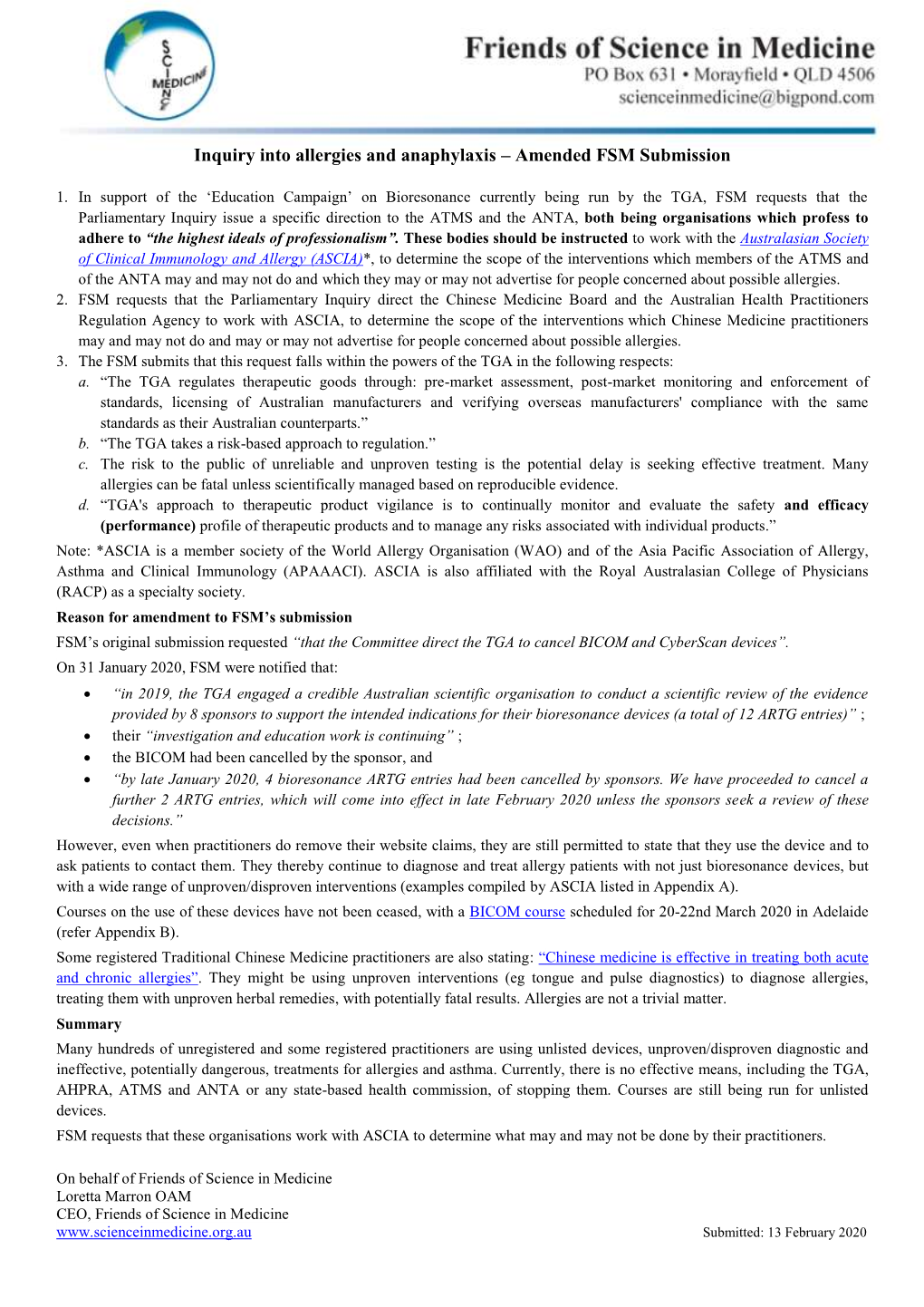 Inquiry Into Allergies and Anaphylaxis – Amended FSM Submission