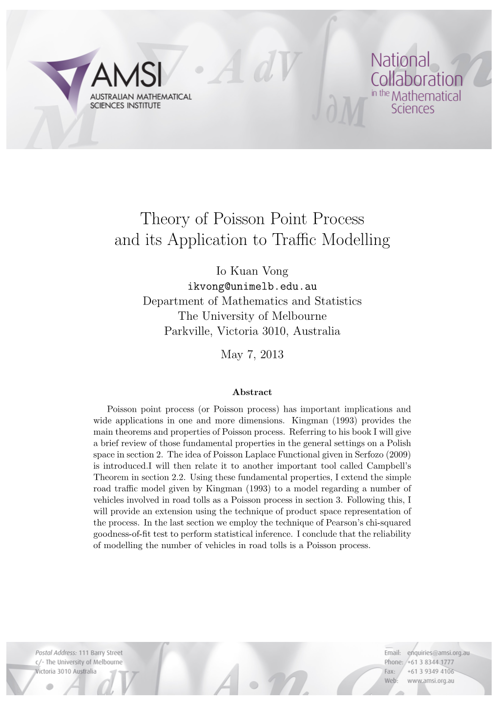 Theory of Poisson Point Process and Its Application to Traffic Modelling