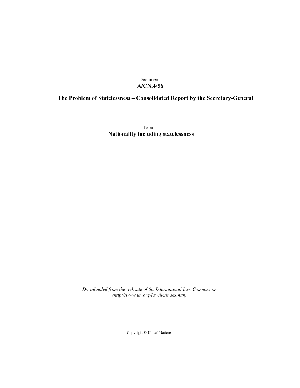 The Problem of Statelessness – Consolidated Report by the Secretary-General