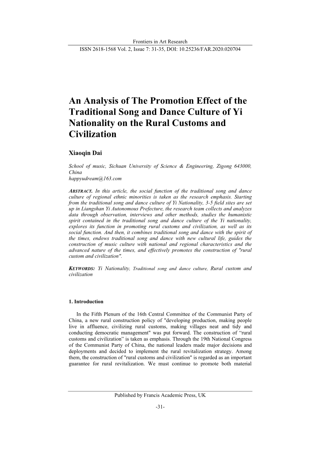 An Analysis of the Promotion Effect of the Traditional Song and Dance Culture of Yi Nationality on the Rural Customs and Civilization