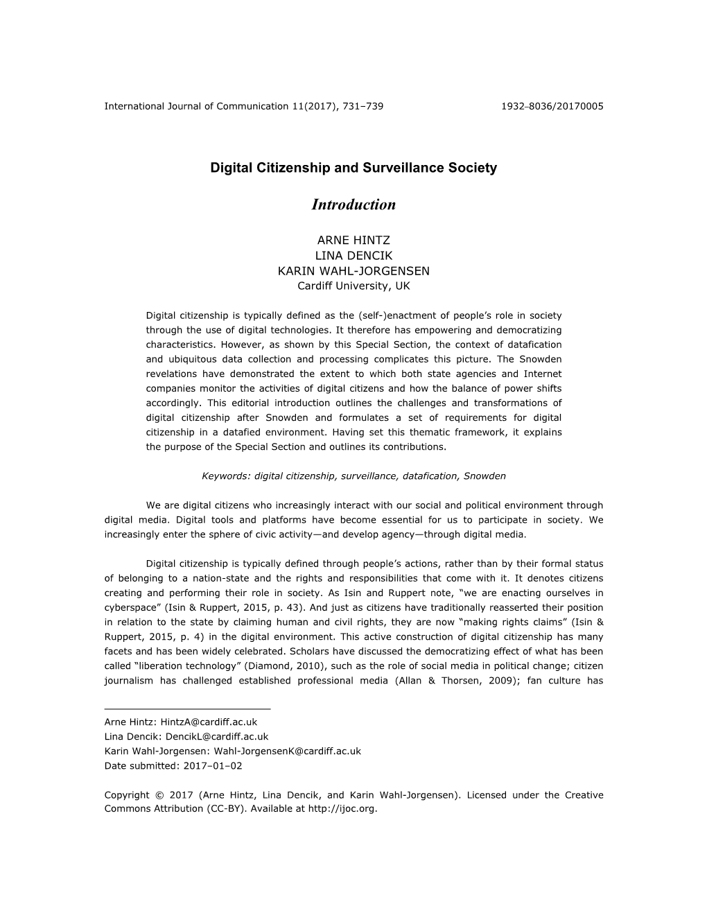 Digital Citizenship and Surveillance Society