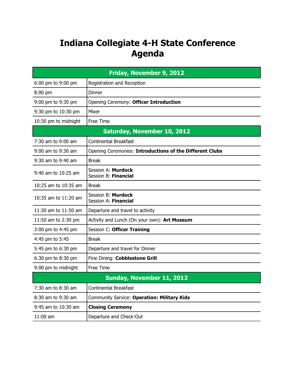 Indiana Collegiate 4-H State Conference Agenda