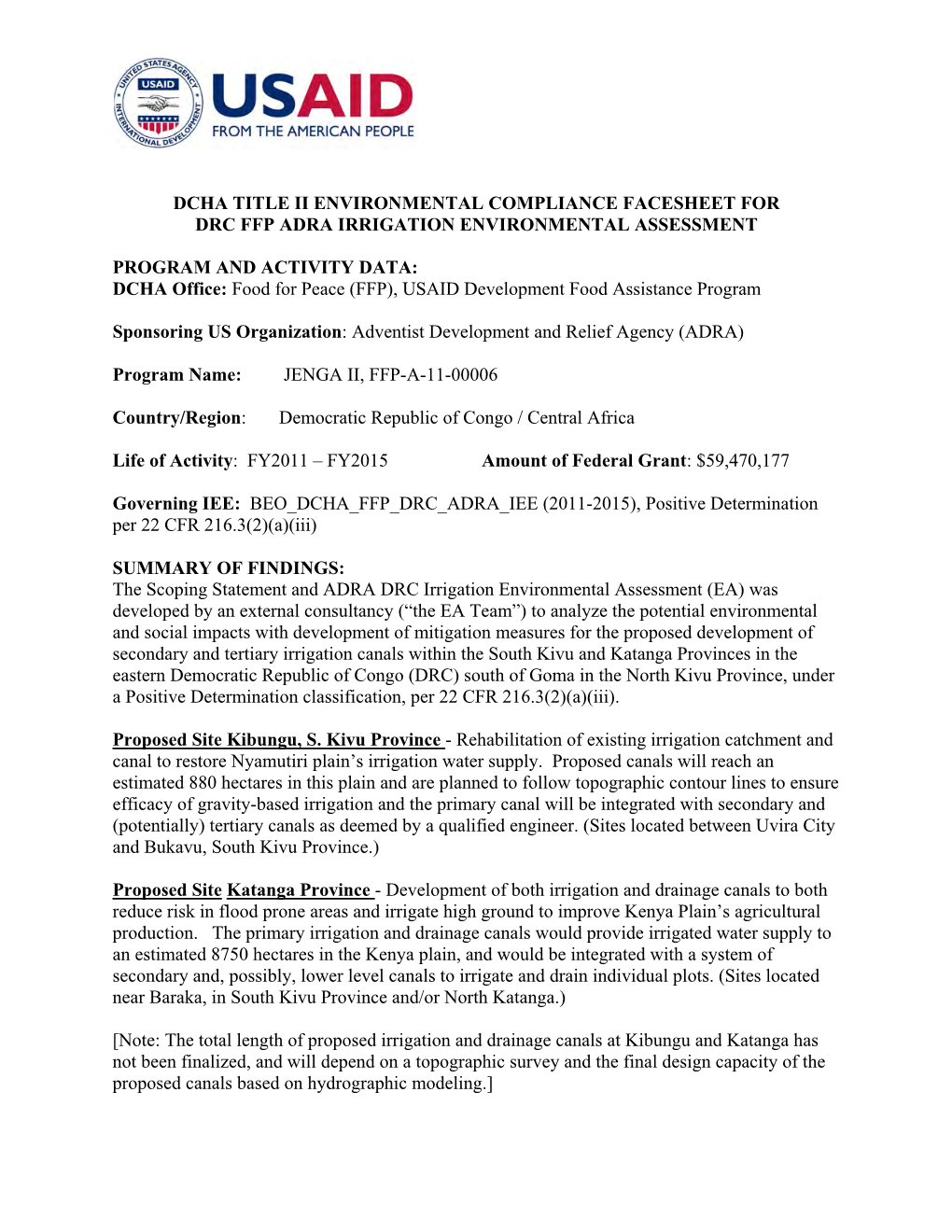 Dcha Title Ii Environmental Compliance Facesheet for Drc Ffp Adra Irrigation Environmental Assessment