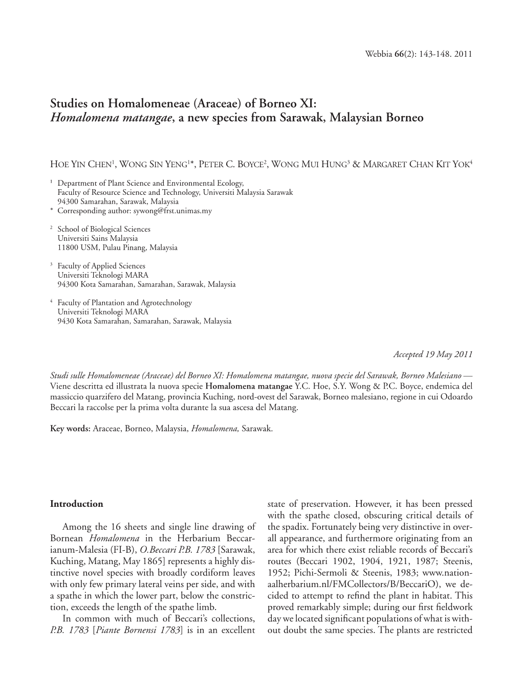 (Araceae) of Borneo XI: Homalomena Matangae, a New Species from Sarawak, Malaysian Borneo