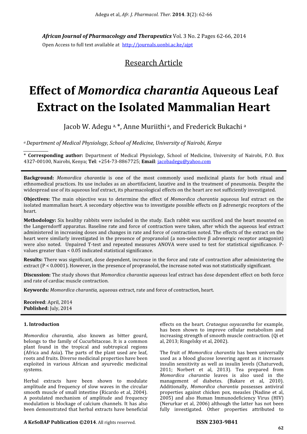 Effect of Momordica Charantia Aqueous Leaf Extract on the Isolated Mammalian Heart