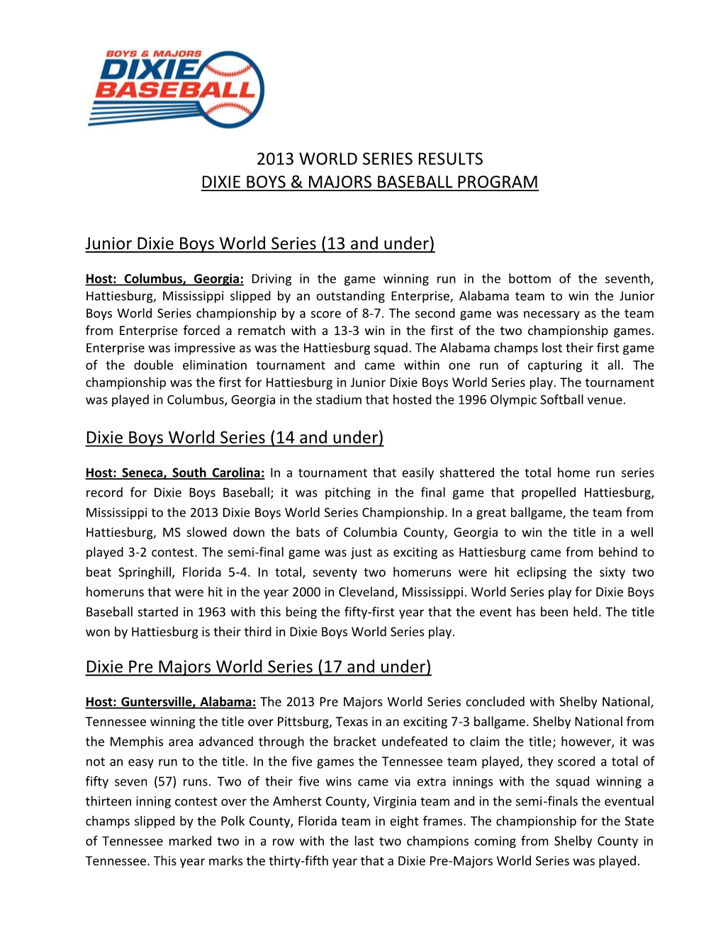 2013 World Series Results Dixie Boys & Majors