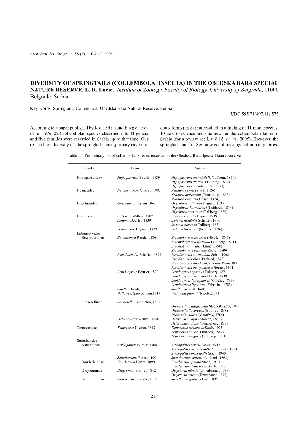 Diversity of Springtails (Collembola, Insecta) in the Obedska Bara Special Nature Reserve